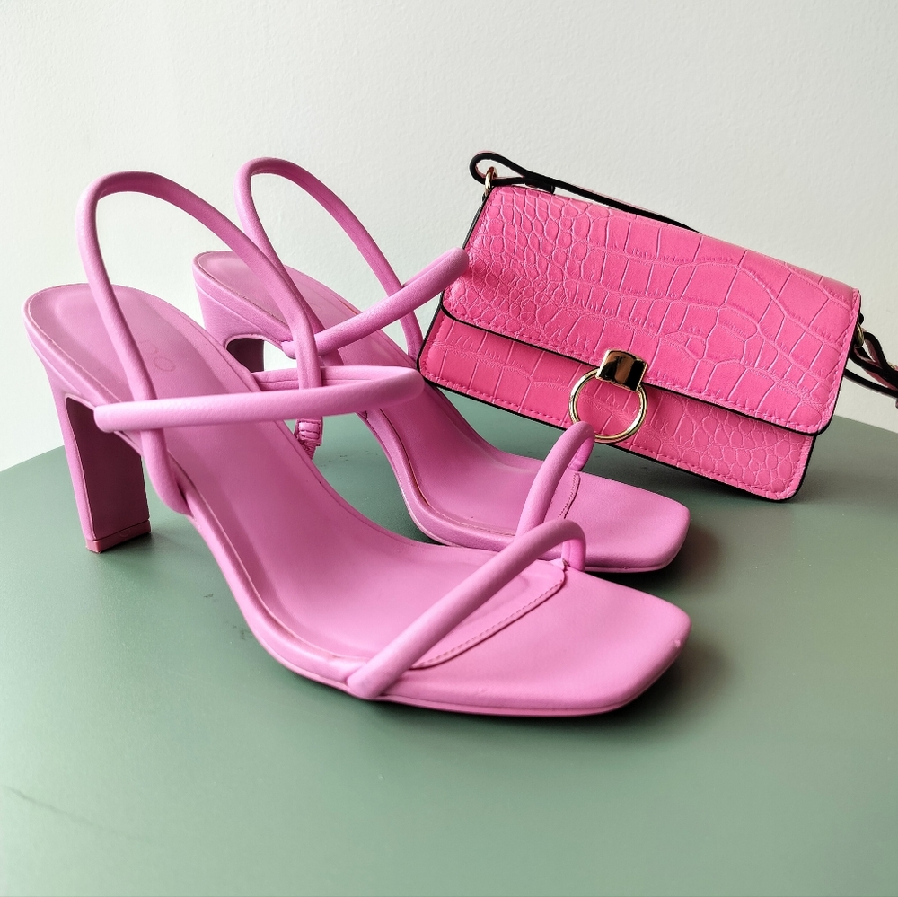 EUC Micro Purse & Aldo Barbie Pink Square Toe Strappy Slingback Karla 3.5" Heels